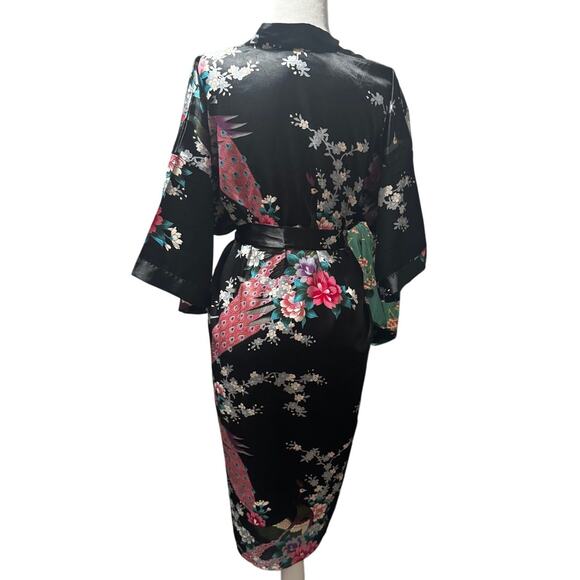 Oriental Village Silk Collection Kimono Robe Black w/ Bird Botanical Print - Picture 2 of 6